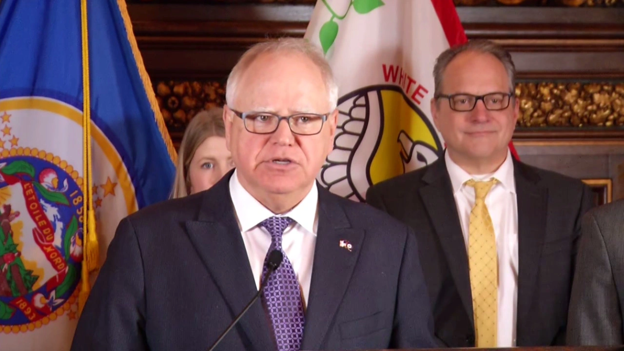 Gov. Tim Walz speaks during a press conference announcing a budget target agreement on March 21, 2023. (KSTP-TV)