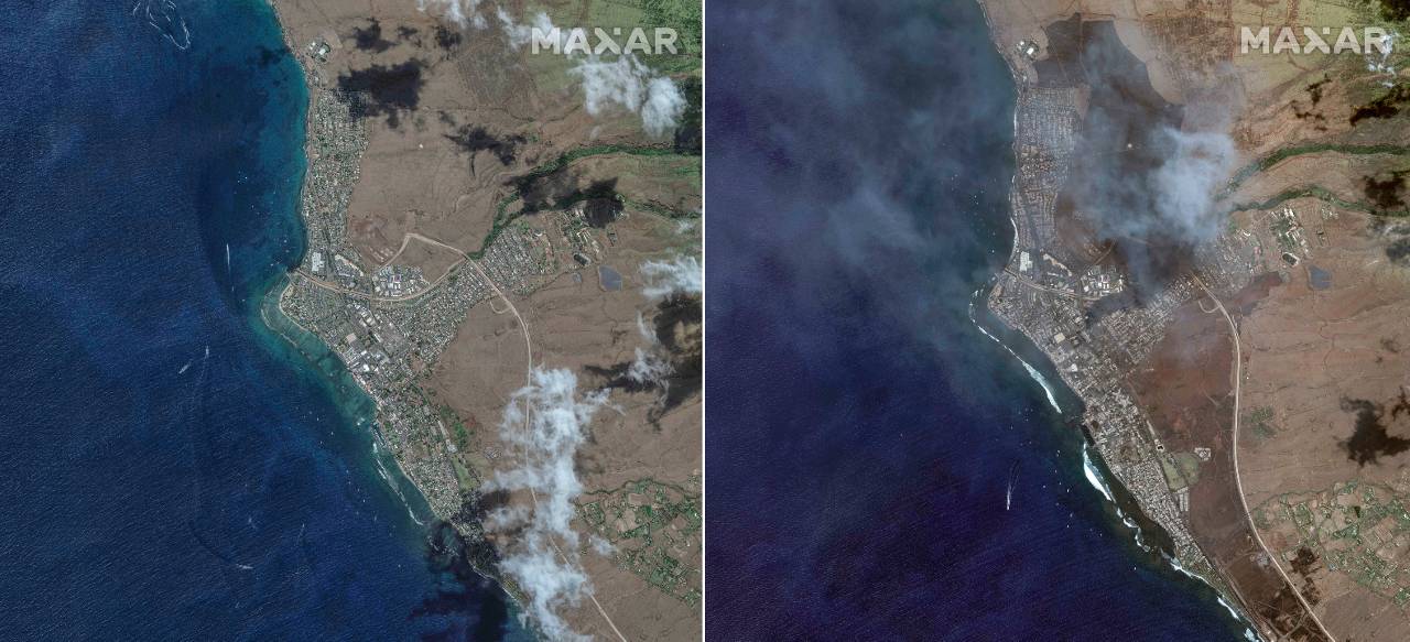This combination of satellite images provided by Maxar Technologies shows an overview of Lahaina on Maui, Hawaii, on June 25, 2023, left, and an overview of the same area on Wednesday, Aug. 9